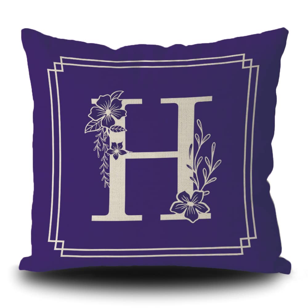 KafePross Couch Throw Pillow Cover Monogram Alphabet H Flowers Modern Sofa Pillowcase for Home Decor Linen Square 18x18 Inch Purple