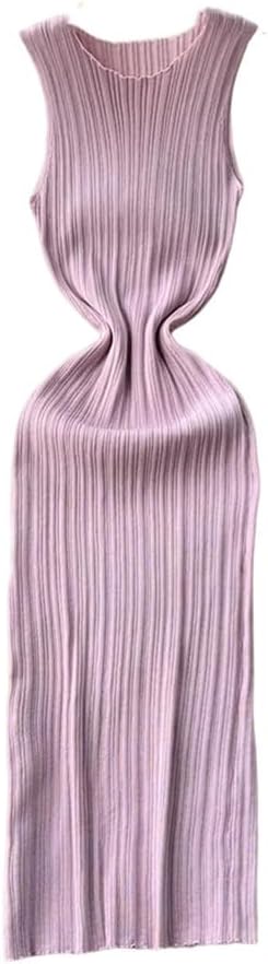 Women Sheath Long Dress O Neck Sleeveless Solid Pleated Knit Elastic Retro Sheath Fitted Dress