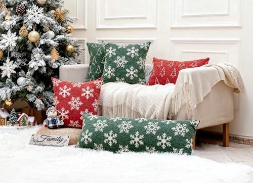 Image of 2 Pack Soft Chenille Christmas Reversible Throw Pillow Covers 12x20, Holiday Double-Sided Snowflake & Tree Cushion Cases for Sofa Couch Living Room(Green,20x12)