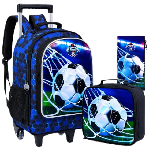 GXTVO Mochila com Rodinhas para Meninos, Mochila de Rodas para Escola Primária, 3 Peças, Mochila de Futebol, Verde com Impressão UV