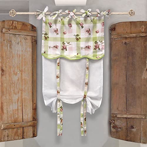 AT17 Visillo para Ventana de Algodón, Decoración del Hogar, Cortina Corta de Ventana Provenzal Romántico Shabby Chic - Cuadros/Floral - 60x240 - Blanco/Rosa/Verde Cover