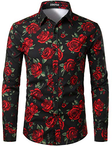 ZEROYAA Men's Fashion Urban Design 3D Printed Slim Fit Long Sleeve Button Up Dress Shirts