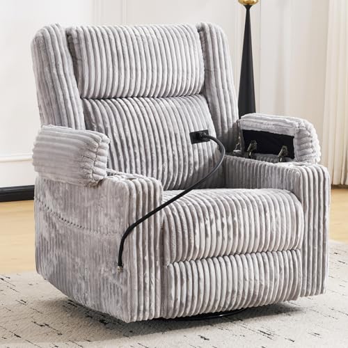 Image of Oversized Power Recliner Chair with Massage and Heat,Swivel Rocker Recliner Chair for Adults with Arm Storage,Nursery Glider Recliner with Adjustable Headrest and Side Pockets,Phone Stand,Light Grey