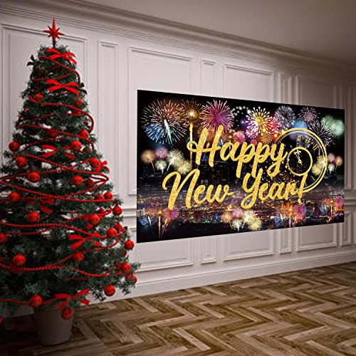 Famoby Happy New Year Fabric Sign Poster Backdrop With Fireworks For New Year Photo Booth Background Party Decoration thumb #4