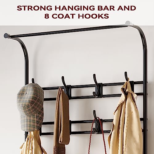Amyove Coat Rack Shoe Bench, 3-in-1 Hall Tree Shoe Rack for Entryway, Coat Tree with 3-Tier Storage Shelf and 8 Hooks, Industrial Furniture with Steel Frame, Multifunctional Hallway Organizer, Grey
