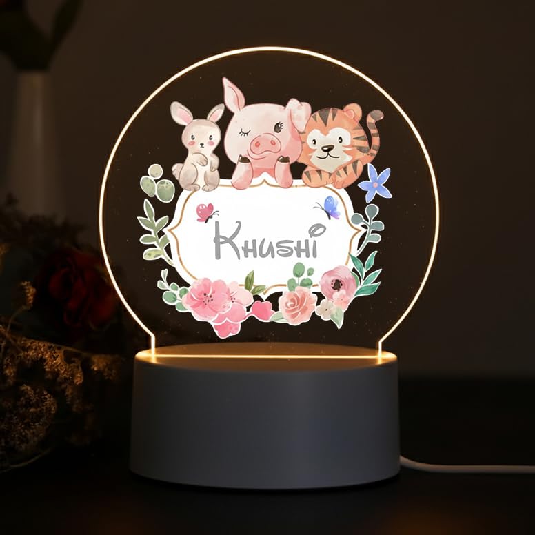 Image of SNAPTRAP LED Name Light Customized for Kids | Personalized Acrylic Night Lamp with Custom Name | Cute Animal, Rainbow, Butterfly & Teddy Themes | USB Powered Nursery Night Light Gift (Forest Cuties)
