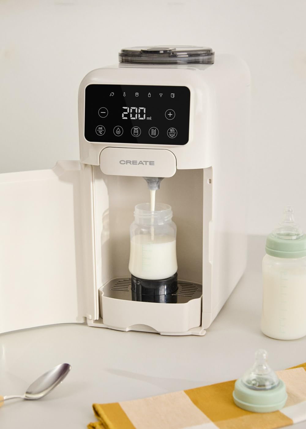 CREATE/BABY THERA MATIC/Preparador de biberones automático con dosificador de fórmula blanco roto/Temperatura y dosificación ajustables, diferentes alturas de biberón, autolimpieza, 1350W