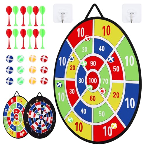 Dartscheibe für Kinder Set, 29 Zoll Doppelseitige Dartscheibe mit 12 Klebrigen Bällen, 12 Darts, geeignet für Indoor und Outdoor Wurfspiel Kinder, Kinder von 3 bis 12 Jahren