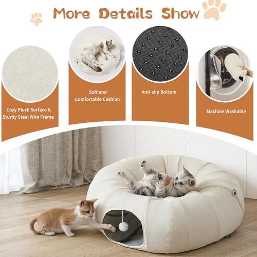 Image of Pawaboo 2-in-1 Cat Tunnel Bed for Indoor Cats, 8-Shaped Large Cat Tunnels with Plush Cushions, Foldable Cats Cave Hideout Kitty Toys with Fluffy Balls, Donut Tunnel for Kitten Rabbit Ferret,Beige