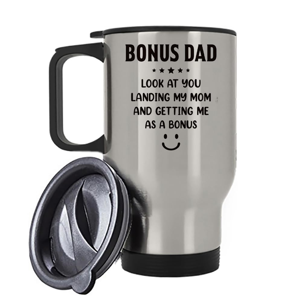 Bonus Dad Mug Funny Gift – Step Dad Gift Mug – “Look At You Landing My Mom” Message – Father’s Day, Birthday Gift for Stepdad, Insulated Travel Mug, Coffee Mug. (Silver)
