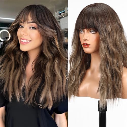 WOKESTAR Long Wig with Fringe Synthetic Wavy Wigs for Women Mixed Brown Color