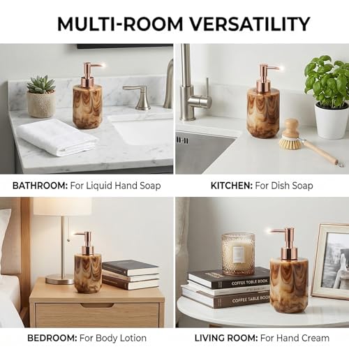 Image of Luxe Home International Marble Pattern Plastic Soap Dispenser for Bathroom and Kitchen Sink Leak Proof Liquid Hand Wash Round Bottle Lightweight Smooth Finish (17x8 cm Brown) Pack of 1