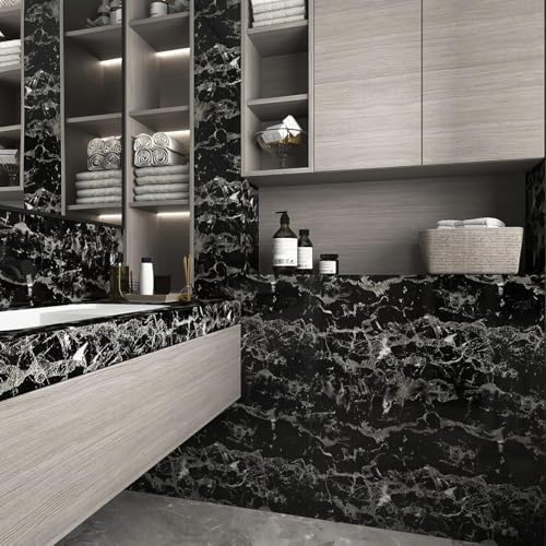 Image of HOME13 Marble Wallpaper Peel & Stick Contact Paper Self Adhesive Decorative Removable Waterproof Wallpaper for Kitchen Cabinet and Furniture Countertops (24 X 180 INCH, Black Grey Marble)