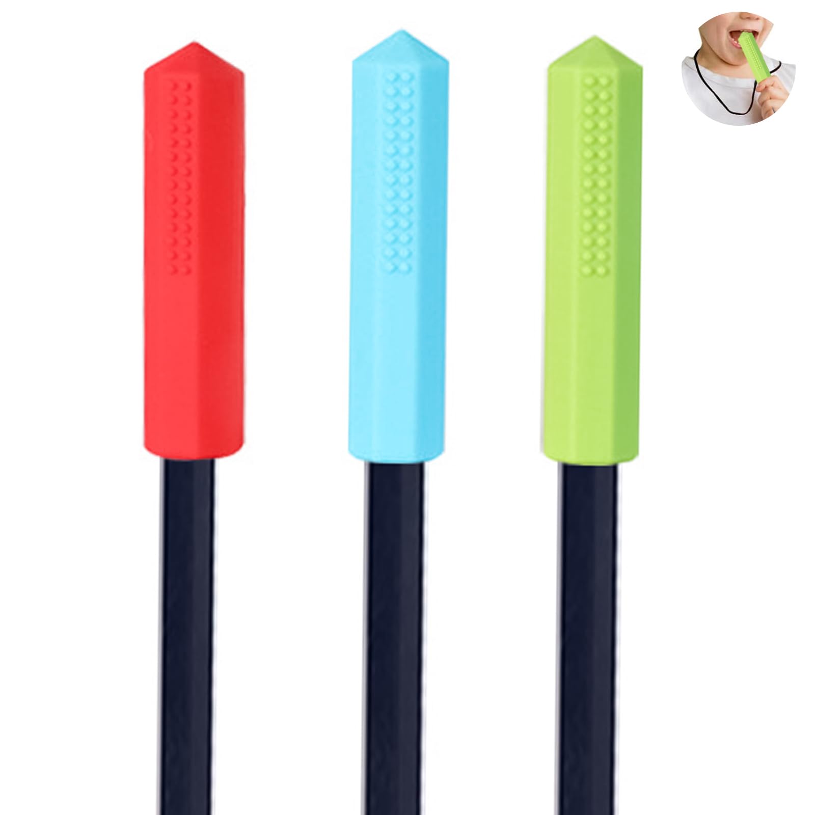 KASELIN 噛む ペン 鉛筆キャップ3個3色セット 自閉症 かみかみ グッズ 噛み癖 矯正用シリコンペンキャップ ストレス解消 補助軸 筆記用具(青、赤、緑)