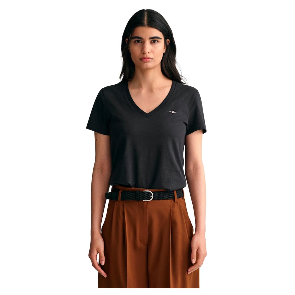 GANT Women's Reg Shield Ss V-neck T-shirt T-Shirt , Black,M