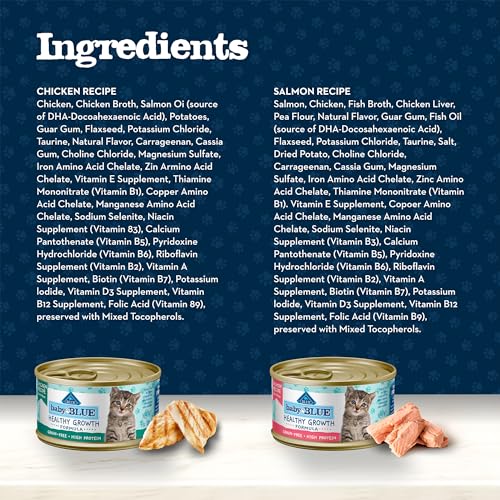Image of Blue Buffalo Baby Blue Natural Kitten Wet Cat Food Pate Variety Pack, Healthy Growth Formula with DHA, High-Protein & Grain-Free, Chicken and Salmon Recipes, 3-oz Cans (6 Count, 3 of Each)