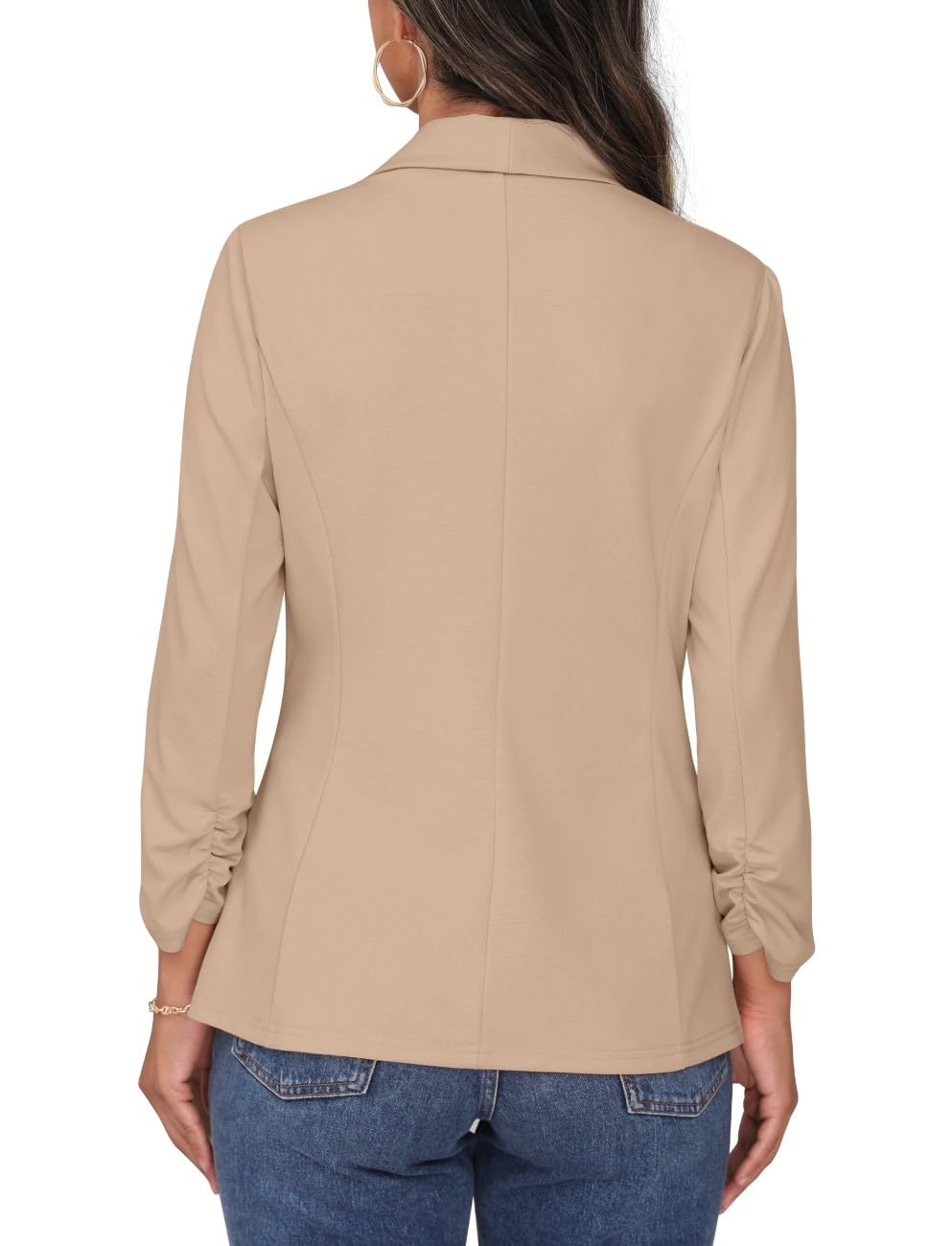 PrinStory Blazer pour femme, col à revers, manches 3/4, froncées, veste de costume, cardigan à un bouton, blazer court, tenue décontractée pour le bureau
