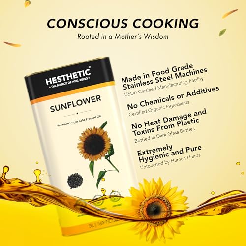 Image of HESTHETIC Premium Edible Cold Pressed Sunflower Oil, 5L, Rich in Healthy Fats, Ideal for Cooking, Frying and Salad Dressings, 100% Pure and Natural, Food Grade Virgin Oil