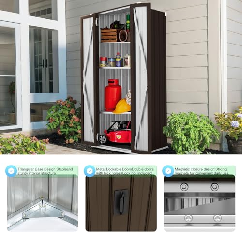 Image of AECOJOY Outdoor Storage Cabinet Waterproof with Adjustable Shelves, Vertical Tall Garden Tool Cabinet, Sheds & Outdoor Storage Clearance Cabinet Weatherproof for Outside or Indoor in Brown