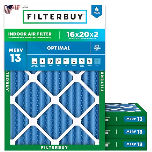 Filterbuy 16x20x2 Air Filter MERV 13 Optimal Smoke & Allergy Defense (4-Pack) Electrostatic Pleated HVAC AC Furnace Filters Replacement Made in USA (Actual Size: 15.50 x 19.50 x 1.75)
