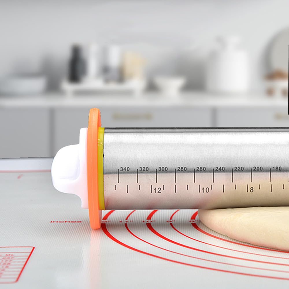FACIACC Roestvrijstalen deegroller met dikteringen Verstelbare 43 cm deegroller en siliconen bakmat voor het bakken van deeg, pizza, taart, gebak, pasta en koekjes FACIACC Roestvrijstalen deegroller met dikteringen Verstelbare 43 cm deegroller en siliconen bakmat voor het bakken van deeg, pizza, taart, gebak, pasta en koekjes