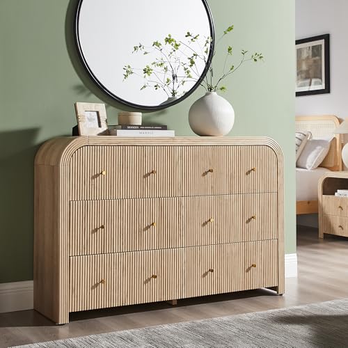 T4TREAM Fluted 6 Drawers Dresser for Bedroom, 54″ Wide Modern Chest of Drawers with Thickened Curved Profile Design, Wood Dressers TV Stand for Bedroom, Living Room, Hallway, Natural Oak