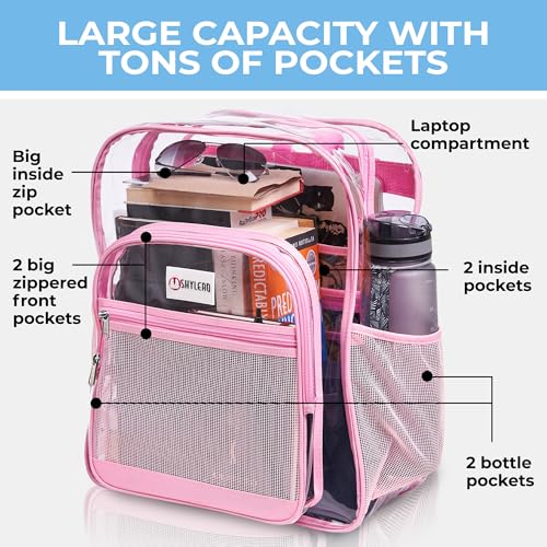 Image of SHYLERO Pink Clear Backpack Heavy Duty has TSA Lock, 2-WAY Zipper. PVC Transparent Backpack Is Extra Large - H18''xW14''xD8