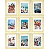 Picture of Vittanly 6x8 Picture Frames Set of 9, Shatter Resistant Plexiglass, Display 4x6 Pictures with Mat or 6x8 without Mat, Photo Frames for Wall or Tabletop, Engineered Wood, Gold