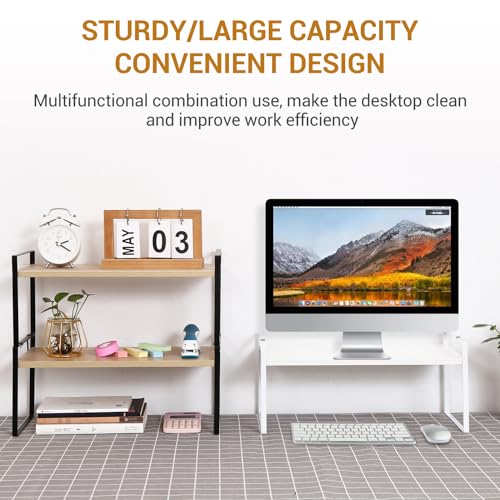 Image of Desk Shelf Organizer for Top of Desk, Detachable 2 Tier Desktop Bookshelf, Wooden Desk Shelves Storage Rack, Small Desktop Shelf for Office Home Dorm, Tabletop Desk Organizer Stand (White+White)