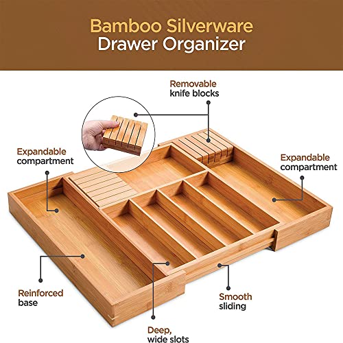 Organizador de gaveta de cozinha de bambu premium - Organizador de talheres - Suporte de utensílios