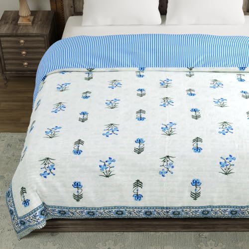 Image of BLOCKS OF INDIA Hand Block Printed Cotton King Size Quilt /Rajai | Blue Green FLR