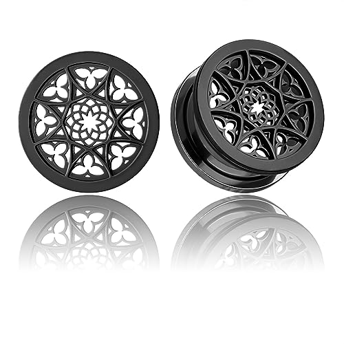 LADEMAYH 2Pcs Chic Ear Plugs Tunnels Gauges for Women, Black Artistic Hollow Pattern Design, 1in(25mm) Gauges for Ears, Hypoallergenic Surgical Stainless Steel 316L Ear Stretching Jewelry by LADEMAYH - Used condition - US$7.75