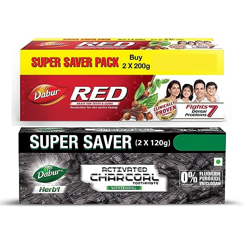 Image of Dabur Red Paste 300g & Dabur Herb'l Activated Charcoal and Mint (Black Gel) 240g (120g*2) | Whitening Toothpaste, Fluoride | Supersaver Combo Pack