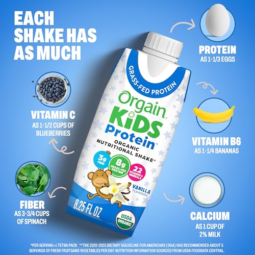 Image of Orgain Organic Kids Nutritional Dairy Protein Shakes Bundle, Chocolate + Vanilla, 8g Protein, 3g Fiber, 22 Vitamins & Minerals, No Soy Ingredients, Gluten Free, Non‑GMO, 8.25 fl oz, Pack of 24
