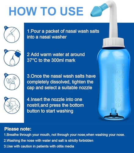 Image of Nasal Saline Jal Neti Pot Sinus Rinse Yoga Bottle System Irrigation 300 ML Control Wash Nose Cleaner Pressure Irrigation for Allergy Relief Cold with 2 nozzles for Adult & Kid BPA Free - 300ml