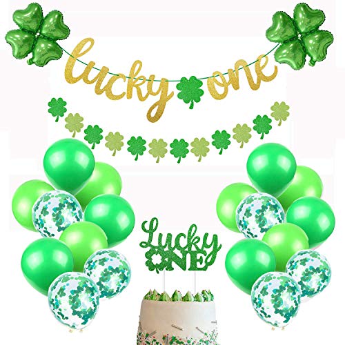 St. Patrick's Day First Birthday Party Decorations Kit Lucky One Banner Four Leaf Clover Garland Cake Topper Green Shamrock Foil Party Balloons for Saint Paddy's Day Theme Irish 1st Birthday Cake
