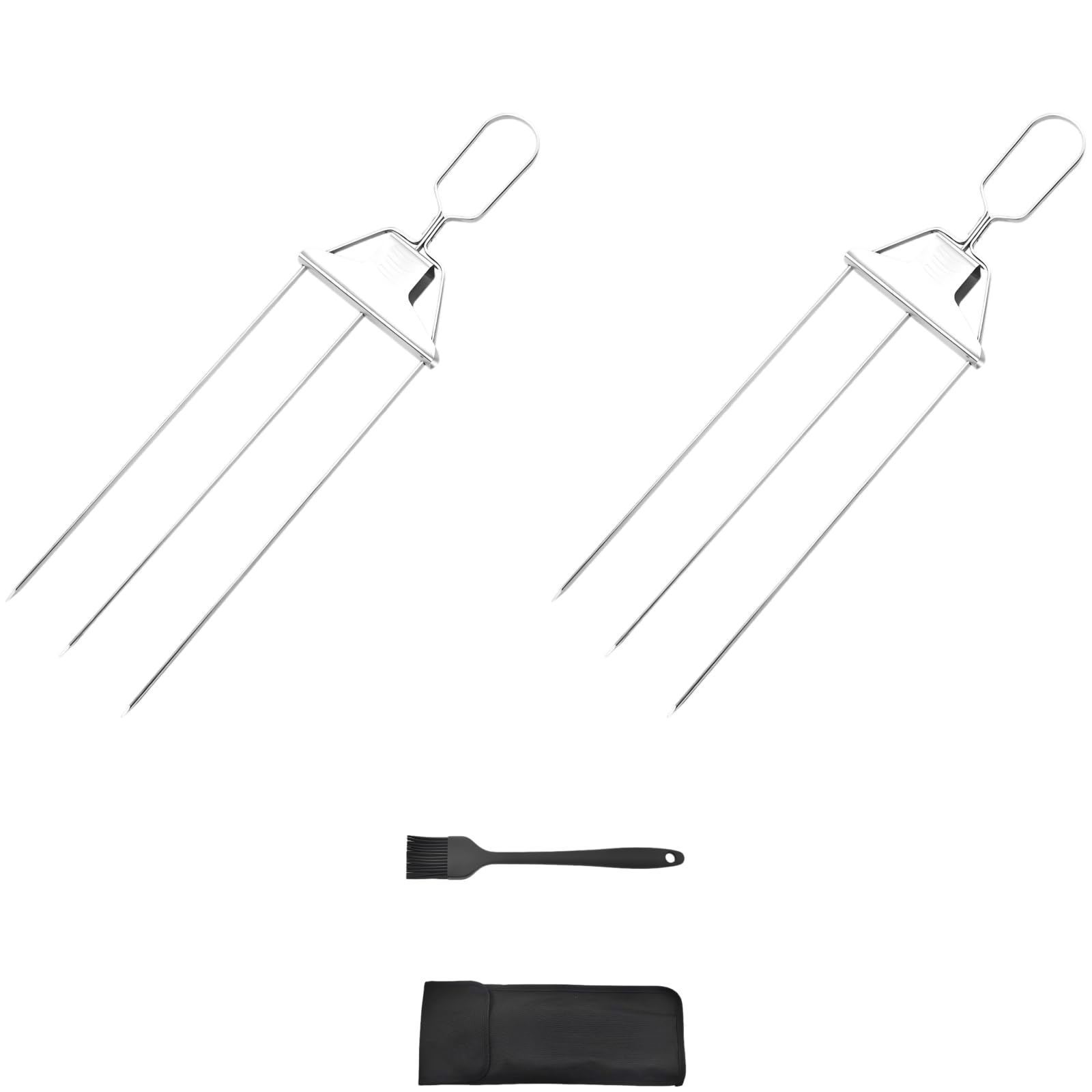Lot de 2 brochettes BBQ en acier inoxydable, fourches de cuisson semi-automatiques à 3 dents, avec pinceau à badigeonner et sac, brochettes à viande en acier 430 pour viande, poisson, légumes
