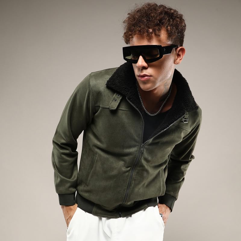 Image of CAHOOT Men's Army Green Fur-Lined Suede Bomber Jacket For Casual Wear | High Neck | Long Sleeve | Zipper Closure | Jacket Crafted With Comfort Wear For Everyday Wear