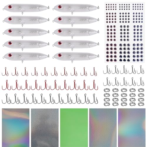 Unpainted Fishing Lures Making Kit, 278/289pcs DIY Blank Fishing Lures Set with Treble Hooks Split Rings 3D Eyes Stickers Pliers Fishing Tackle