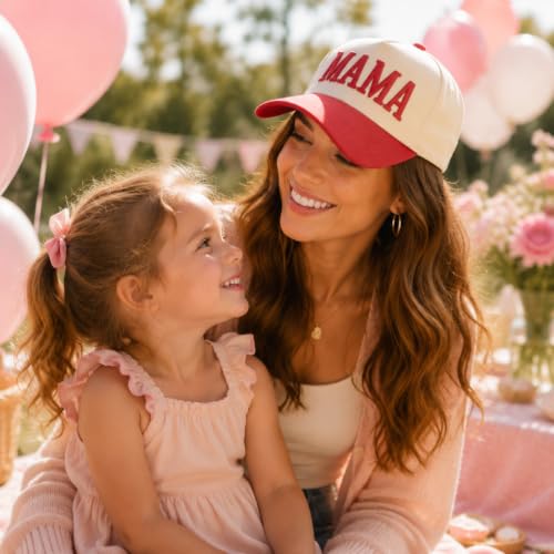 Image of Women's Mama Trucker Hat Trendy, Embroidered Adjustable Mom Baseball Cap, Two-Tone Ponytail Hat for Outfits