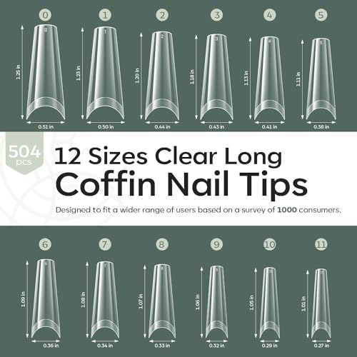 Image of modelones Long Coffin French Nail Tips, 504 PCS No C Curve Pre-shaped Clear Acrylic Fake Nails Tips Gel Half Cover 12 Sizes with Box