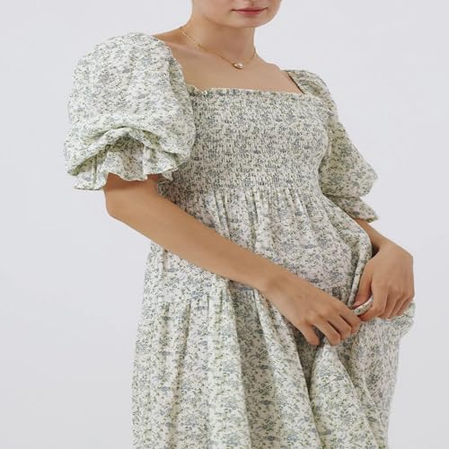 Image of NOTHING FITS BUT Kiko Maternity Gown, Puffed Short Sleeve Maternity Dress for Women, Off Shoulder Pregnancy Dresses, Cotton Baby Shower Dress (Blue Poppy, Large)