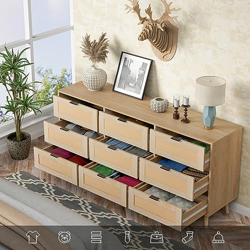 Anbuy 9 Drawer Dresser Dresser for Bedroom, Rattan Dresser Dual Rattan Chest of Drawers Modern Dresser for Bedroom with Rattan Door, Wood Chest of Drawers with Storage for Living Room (Natural) - Thumbnail 4