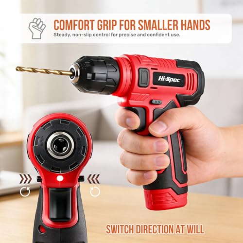 Image of Hi-Spec 8V USB Power Drill Driver Screw Drill Bit Set. Cordless & Rechargeable Electric Drill Driver with Wall Hanging Kit,Red