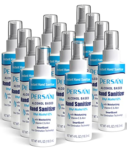 Persani Alcohol Based Instant Travel Hand Sanitizer Spray, 62 Ethyl Alcohol with Aloe Vera & Vitamin E | 4oz Pumps | Made in the USA | 12 Pack | 48 Fl Oz