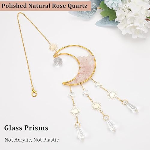 Miniatura 4 de BENECREAT Atrapasoles de cristal de luna creciente con cuentas de cuarzo rosa natural, adornos de prisma para colgar en la ventana, atrapasoles de