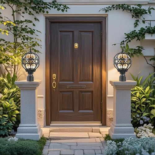 Dusk to Dawn Soccer Ball Outdoor Post Light for Lawn Porch Yard Driveway, Black Outside Globe Lamp Post Light, 3" Pier Mount Sphere Lantern Lighting, Exterior Pole Post Light(2 Pack)