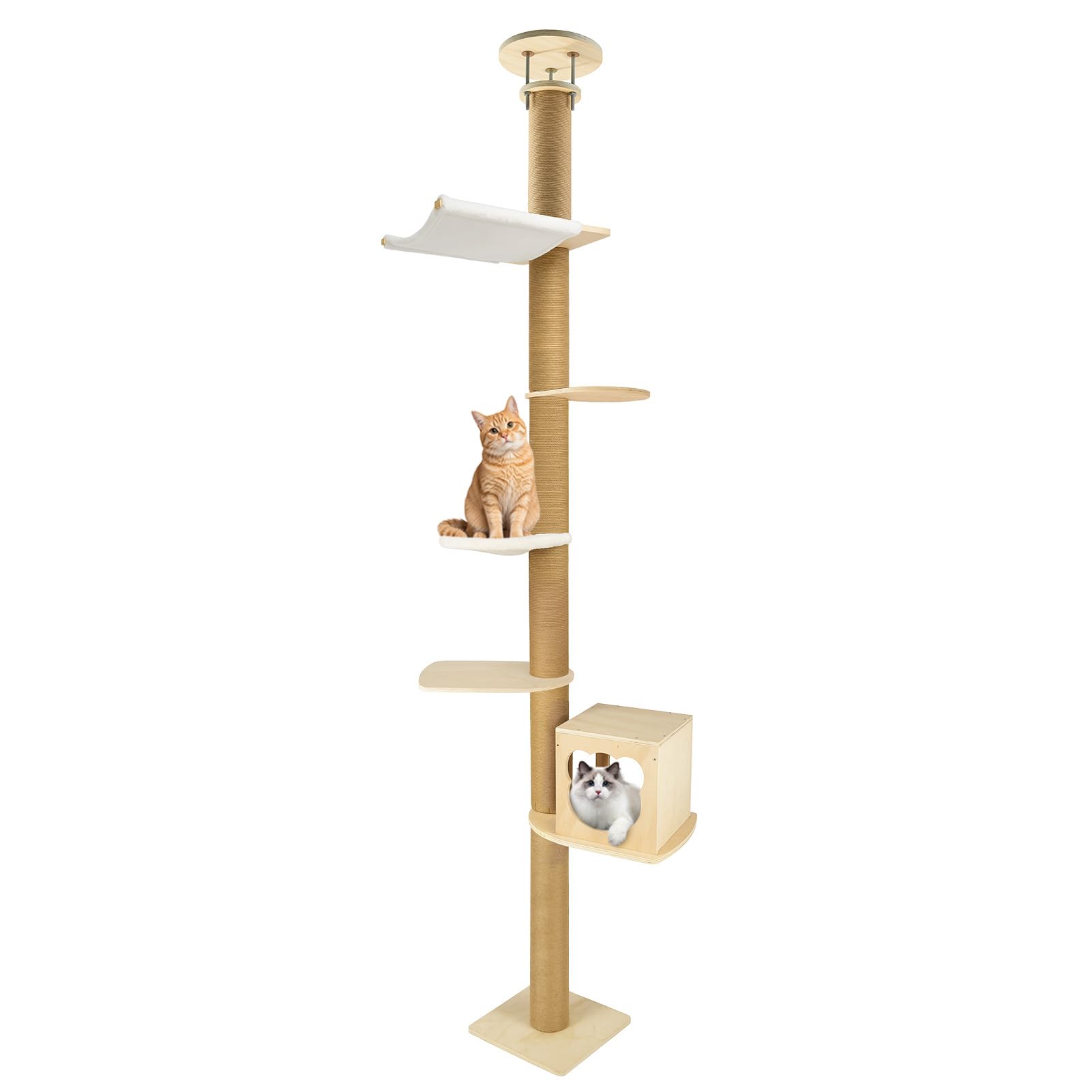 YORKING 288-304 cm Cat Tree, 5 Levels Ceiling Tower, Cat Scratching Post with Widened Base, Cat Activity Center, Natural Rubber Wood, XXL Climbing Tree for Climbing, Scratching