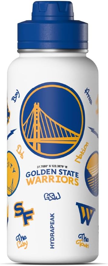 Hydrapeak x Botella de agua con licencia oficial de la NBA Golden State Warriors de 32 onzas, tapa con pico de acero inoxidable, reutilizable, doble