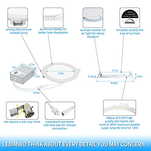 LEDIMWO 6 inch 5000K 12W 1100lm No-Flicker No-Buzz Dimmable Recessed Lighting, 6'' Led recessed Light, Led Ceiling Light, Led Can Lights, with Junction Box, 12 Pack ETL & Energy Star - Image 4